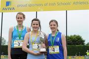 2 June 2012; Gold medal winner Phil Healy, centre, from Col na Toirbhirte, Bandon, Co. Cork, with second place Cliodhna Manning, left, from Loreto College, Co. Kilkenny, and third place Sarah Murray, right, from, Mount Temple, Dublin, after the Senior Girls, 100m at the Aviva All Ireland Schools’ Track and Field Championships 2012. Tullamore Harriers AC, Tullamore, Co. Offaly. Picture credit: Matt Browne / SPORTSFILE