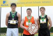 2 June 2012; Gold medal winner Paul Collins, centre, from St Finian's, Mullingar, Co Westmeath, with second place Sam Gaine, left, from Belvedare College, Dublin, and third place Josh Atkinson, right, from, Royal Belfast Academy Instiution, Co. Antrim, after the Senior Boys Discus at the Aviva All Ireland Schools’ Track and Field Championships 2012. Tullamore Harriers AC, Tullamore, Co. Offaly. Picture credit: Matt Browne / SPORTSFILE