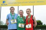 2 June 2012; Gold medal winner Carla Sweeney, centre, from St MacDara's Community College, Dublin, with second place Cassie Murphy, left, from Jesus and Mary College, Dublin, and third place Aisling Forkan, right, from, SM & P Swinford, Co. Mayo, after the Junior Girls 800m at the Aviva All Ireland Schools’ Track and Field Championships 2012. Tullamore Harriers AC, Tullamore, Co. Offaly. Picture credit: Matt Browne / SPORTSFILE