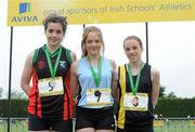 2 June 2012; Gold medal winner Megan Marrs, centre, from Strathearn, Co. Down, with second place Deirbhle Ni Riain, Gael Colaiste Luimnigh, Co. Limerick, left, and third place Elizabeth Moorland, right, from, Dunshaughlin Community College, Co. Meath, after the Junior Girls High Jump at the Aviva All Ireland Schools’ Track and Field Championships 2012. Tullamore Harriers AC, Tullamore, Co. Offaly. Picture credit: Matt Browne / SPORTSFILE