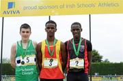 2 June 2012; Gold medal winner Mustafa Nasir, centre, from Greenhills College, Dublin, with second place Lucas O'hAragain, left, from Colaiste Chriost Ri Corcaigh, Co. Cork, and third place Samuel Samson, right, from, St Mary's, Galway, after the Junior Boys 800m at the Aviva All Ireland Schools’ Track and Field Championships 2012. Tullamore Harriers AC, Tullamore, Co. Offaly. Picture credit: Matt Browne / SPORTSFILE