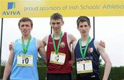 2 June 2012; Gold medal winner Robert Tully, centre, from Gormanston College, Co. Meath, with second place Harry Purcell, Castleknock College, Co. Dublin, left, and third place Cian McBride, right, from Summerhill Sligo, after the Intermediate Boys 800m at the Aviva All Ireland Schools’ Track and Field Championships 2012. Tullamore Harriers AC, Tullamore, Co. Offaly. Picture credit: Matt Browne / SPORTSFILE