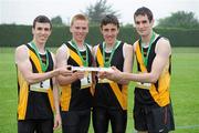 2 June 2012; Members of the Mercy Mount Hawk team, from Tralee, Co. Kerry, from left, Michael Godley, Eoin O'Carroll, Eoghan Courtney and PJ Galvin, who won the Senior Boys Relay at the Aviva All-Ireland Schools’ Track and Field Championships 2012. Tullamore Harriers AC, Tullamore, Co. Offaly. Picture credit: Matt Browne / SPORTSFILE