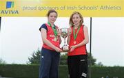 2 June 2012; Michaela Walsh, left, and Aisling Forkan, Scoil Muire, Swinford, Co. Mayo, at the Aviva All Ireland Schools’ Track and Field Championships 2012. Tullamore Harriers AC, Tullamore, Co. Offaly. Picture credit: Matt Browne / SPORTSFILE