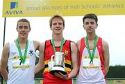 2 June 2012; Gold medal winner Kevin Dooney, centre, CBC Monkstown, Co. Dublin, with second place Ian Guidan, left, St Aidan's CBC, Dublin, and third place Andrew Monaghan, St Colman's College Newry, Co. Down, after the Senior Boys 5000m at the Aviva All Ireland Schools’ Track and Field Championships 2012. Tullamore Harriers AC, Tullamore, Co. Offaly. Picture credit: Matt Browne / SPORTSFILE