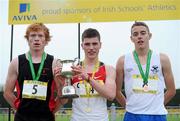2 June 2012; Gold medal winner Shane Fitzsimons, centre,  St Joseph's, Rochfortbridge, Co. Westmeath, with second place Sean Tobin, left, High School, Clonmel, Co. Tipperary, and third place Patrick Monaghan, right, St Colman's, Newry, Co. Down, after the  Senior Boys 1500m at the Aviva All Ireland Schools’ Track and Field Championships 2012. Tullamore Harriers AC, Tullamore, Co. Offaly. Picture credit: Matt Browne / SPORTSFILE