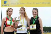 2 June 2012; Gold medal winner Lorna Fitzpatrick, centre, Sacred Heart Grammer School, Newry, Co. Down, with second place Amy O'Donoghue, left, Villiers School, Co. Limerick, and third place Chloe Doran, right, Holy Faith, Clontarf, Dublin, after the Senior Girls 1500m at the Aviva All Ireland Schools’ Track and Field Championships 2012. Tullamore Harriers AC, Tullamore, Co. Offaly. Picture credit: Matt Browne / SPORTSFILE