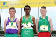 2 June 2012; Gold medal winner Abdi Mohammed, centre, Chriost Ri Corcaigh, Co. Cork, with second place Jack O'Leary, left, Clongowes Wood College, Co. Westmeath, and third place Glen Gaffney, right, St Mary's Mullingar, Co. Westmeath, after the Junior Boys 1500m at the Aviva All Ireland Schools’ Track and Field Championships 2012. Tullamore Harriers AC, Tullamore, Co. Offaly. Picture credit: Matt Browne / SPORTSFILE