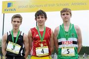 2 June 2012; Gold medal winner Eoin Strutt, St Fintan's High School, Dublin, with second place Jack Reid, left, St Joseph's, Rochfordbridge, Co. Westmeath, and third place Liam O'hAonghusa, Chriost Ri Corcaigh, Co. Cork, after the  Under 16 Boys 1 Mile at the Aviva All Ireland Schools’ Track and Field Championships 2012. Tullamore Harriers AC, Tullamore, Co. Offaly. Picture credit: Matt Browne / SPORTSFILE