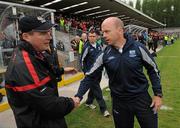 3 June 2012; Down manager James McCartan, left, shakes hands with  Fermanagh manager Peter Canavan after the game. Ulster GAA Football Senior Championship Quarter-Final, Fermanagh v Down, Brewster Park, Enniskillen, Co. Fermanagh. Picture credit: Oliver McVeigh / SPORTSFILE