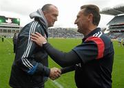 3 June 2012; Dublin manager Pat Gilroy, left, shakes hands with Louth manager Peter Fitzpatrick after the game. Leinster GAA Football Senior Championship Quarter-Final, Louth v Dublin, Croke Park, Dublin. Photo by Sportsfile