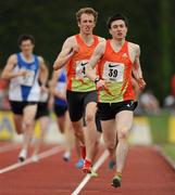 2 June 2012; Eventual winner Mark English, Letterkenny A.C, Co. Donegal, leads his teammate and eventual second place finisher, Darren McBrearty, in the IMC Mens 800m event at the Aviva All Ireland Schools’ Track and Field Championships 2012. Tullamore Harriers AC, Tullamore, Co. Offaly. Picture credit: Tomas Greally / SPORTSFILE
