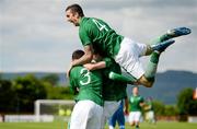 4 June 2012; Greg Cunningham, Republic of Ireland, 3, celebrates with team-mates, including Shane Duffy, 4, after scoring his side's second goal. UEFA Under-21 Championship 2013 Qualifier, Republic of Ireland v Italy, Showgrounds, Sligo. Picture credit: Stephen McCarthy / SPORTSFILE
