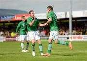 4 June 2012; Robbie Brady, Republic of Ireland, is congratulated by team-mate Aidan White, 7, after scoring his side's first goal. UEFA Under-21 Championship 2013 Qualifier, Republic of Ireland v Italy, Showgrounds, Sligo. Picture credit: Stephen McCarthy / SPORTSFILE