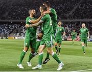 2 September 2017; Shane Duffy of Republic of Ireland celebrates after scoring his side's first goal with teammates Jonathan Walters, Ciaran Clark, Shane Long and James McClean during the FIFA World Cup Qualifier Group D match between Georgia and Republic of Ireland at Boris Paichadze Dinamo Arena in Tbilisi, Georgia. Photo by David Maher/Sportsfile