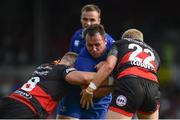 2 September 2017; Ed Byrne of Leinster is tackled by Harri Keddie, left, and Angus O'Brien of Dragons during the Guinness PRO14 Round 1 match between Dragons and Leinster at Rodney Parade in Newport, Wales. Photo by Ramsey Cardy/Sportsfile