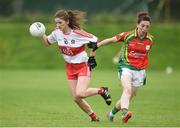 3 September 2017; Jackie Donnelly of Derry in action against Leah Mullins of Carlow during the TG4 Ladies Football All Ireland Junior Championship Semi-Final match between Carlow and Derry at Lannleire in Dunleer, Co Louth. Photo by Matt Browne/Sportsfile