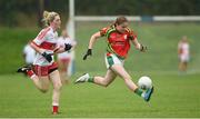 3 September 2017; Rachel Sawyer of Carlow in action against Aoife McGeogh of Derry during the TG4 Ladies Football All Ireland Junior Championship Semi-Final match between Carlow and Derry at Lannleire in Dunleer, Co Louth. Photo by Matt Browne/Sportsfile