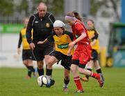 5 June 2012; Amy Boyle Carr, left, Scoil Mhuire, Glenties, Co. Donegal, in action against Alanna Gallagher, Piltown NS, Co. Waterford. An Post FAI Primary Schools 5-a-Side All-Ireland Finals, Tallaght Stadium, Tallaght, Dublin. Picture credit: Barry Cregg / SPORTSFILE