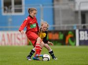 5 June 2012; Bethany Carroll, left, Piltown NS, Co. Waterford, in action against Danielle McDevitt, Scoil Mhuire, Glenties, Co. Donegal. An Post FAI Primary Schools 5-a-Side All-Ireland Finals, Tallaght Stadium, Tallaght, Dublin. Picture credit: Barry Cregg / SPORTSFILE