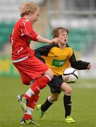 5 June 2012; Pat Loughrey, right, Scoil Iosagain, Buncrana, Inishowen, Co. Donegal, in action against Alex Chandler, St.Anthony's BNS, Ballinlough, Co. Cork. An Post FAI Primary Schools 5-a-Side All-Ireland Finals, Tallaght Stadium, Tallaght, Dublin. Picture credit: Barry Cregg / SPORTSFILE