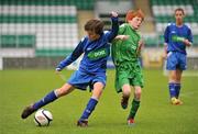 5 June 2012; Eoghan Maguire, left, Scoil Phádraig, Clane, Co. Kildare, in action against Conor O'hAinlaigh, Scoil Iognaid, Co. Galway. An Post FAI Primary Schools 5-a-Side All-Ireland Finals, Tallaght Stadium, Tallaght, Dublin. Picture credit: Barry Cregg / SPORTSFILE