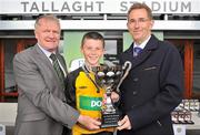 5 June 2012; James Smith, St.Patrick's NS, Kilnaleck, Co. Cavan, with the cup alongside Alex Harkin, left, Treasurer FAI Schools and Barney Whelan, Director of Communications and Corperate Affairs with An Post, after his sides victory in the &quot;A&quot; Boy's Schools category. An Post FAI Primary Schools 5-a-Side All-Ireland Finals, Tallaght Stadium, Tallaght, Dublin. Picture credit: Barry Cregg / SPORTSFILE