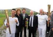 6 June 2012; Wayne McCullough, left, and Michael Carruth, right, former Olympic Boxing Medal winners along with Caral Ni Chuilin, MLA, Sports Minister, Departure of Culture, Arts and Leisure, Northern Ireland, London Olympics 2012 Chairman Lord Sebastian Coe, and Michael Ring TD is Minister of State for Tourism and Sport, Republic of Ireland, during the hand over of the Olympic Torch at the border of  Northern Ireland and the Republic of Ireland. Carrickarnon, Co. Louth. Picture credit: Oliver McVeigh / SPORTSFILE