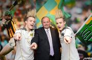 6 June 2012; Uachtarán Chumann Lúthchleas Gael Liam Ó Néill with John, left, and Edward Grimes, Jedward, before the London 2012 Olympic Torch relay through the streets of Dublin. Croke Park, Dublin. Picture credit: Ray McManus / SPORTSFILE