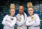 6 June 2012; Former Republic of Ireland star Paul McGrath with John, right, and Edward Grimes, Jedward, before the London 2012 Olympic Torch relay through the streets of Dublin. Croke Park, Dublin. Picture credit: Ray McManus / SPORTSFILE