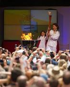 6 June 2012; Irish Olympian & 5000m silver medallist Sonia O'Sullivan and her daughter Sophie, age 10, after lighting the cauldron with the Olympic Flame during the London 2012 Olympic Torch Relay. St. Stephen's Green, Dublin. Picture credit: Diarmuid Greene / SPORTSFILE