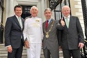 6 June 2012; Lord Sebastian Coe, left, Gold Medalist in the 1956 Olympic Games, Ronnie Delany, Lord Mayor of Dublin Andrew Montague, second from right, and Pat Hickey, right, President of the Olympic Council of Ireland, pose for a photograph outside the Mansion House during the London 2012 Olympic Torch Relay through the streets of Dublin. Mansion House, Dawson Street, Dublin. Picture credit: Barry Cregg / SPORTSFILE