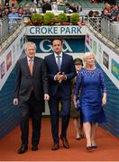 3 September 2017; An Taoiseach Leo Varadkar, T.D. centre, is welcomed to the field alongside Ard Stiúrthóir Paráic Duffy, left, and his wife Vera prior to the Electric Ireland GAA Hurling All-Ireland Minor Championship Final match between Galway and Cork at Croke Park in Dublin. Photo by Seb Daly/Sportsfile
