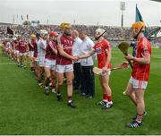 3 September 2017; Galway captain Seán Bleahene shakes hands with Seán O'Leary Hayes of Cork prior to the Electric Ireland GAA Hurling All-Ireland Minor Championship Final match between Galway and Cork at Croke Park in Dublin. Photo by Seb Daly/Sportsfile
