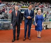 3 September 2017; An Taoiseach Leo Varadkar, T.D. centre, is welcomed to the field alongside Ard Stiúrthóir Paráic Duffy, left, and his wife Vera prior to the Electric Ireland GAA Hurling All-Ireland Minor Championship Final match between Galway and Cork at Croke Park in Dublin. Photo by Seb Daly/Sportsfile