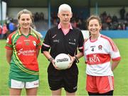 3 September 2017; Referee Declan Carolan with Sinead Ruth captain of Carlow and Cait Glass captain of Derry before the TG4 Ladies Football All Ireland Junior Championship Semi-Final match between Carlow and Derry at Lannleire in Dunleer, Co Louth. Photo by Matt Browne/Sportsfile