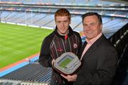 7 June 2012; In attendance at the launch of the Replica Model of Croke Park Stadium, produced by Supreme Stadium, are Tyrone Footballer Peter Harte, left, with Peter McKenna, Stadium Director, Croke Park, and Commercial Director of the GAA. Launch of the Replica Model of Croke Park Stadium, Croke Park, Dublin. Picture credit: Brendan Moran / SPORTSFILE