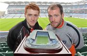 7 June 2012; In attendance at the launch of the Replica Model of Croke Park Stadium, produced by Supreme Stadium, are, Tyrone Footballer Peter Harte, left, and Armagh footballer Ciarán McKeever. Launch of the Replica Model of Croke Park Stadium, Croke Park, Dublin. Picture credit: Brendan Moran / SPORTSFILE