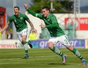 4 June 2012; Greg Cunningham, Republic of Ireland, celebrates after scoring his side's second goal, with team-mate Shane Duffy, left. UEFA Under-21 Championship 2013 Qualifier, Republic of Ireland v Italy, Showgrounds, Sligo. Picture credit: Stephen McCarthy / SPORTSFILE