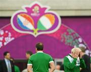 9 June 2012; Republic of Ireland manager Giovanni Trapattoini holds his head during squad training ahead of their opening UEFA EURO 2012, Group C, game against Croatia on Sunday. Republic of Ireland EURO2012 Squad Training, Municipal Stadium Poznan, Poznan, Poland. Picture credit: David Maher / SPORTSFILE