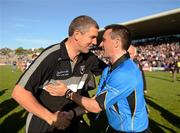 9 June 2012; The Sligo manager Kevin Walsh, left, shakes hands with match referee Maurice Deegan after the game. Connacht GAA Football Senior Championship, Semi-Final, Galway v Sligo, Pearse Stadium, Galway. Picture credit: Ray McManus / SPORTSFILE