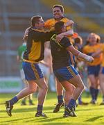 9 June 2012; Clare's Gordan Kelly, centre, celebrates with team-mates Eoin Troy, left, and Graham Kelly, right, after victory over Limerick. Munster GAA Football Senior Championship Semi-Final, Limerick v Clare, Gaelic Grounds, Limerick. Picture credit: Diarmuid Greene / SPORTSFILE