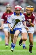 3 September 2017; Lily Hayes Nally of Ballintotas National School, Castlemarty, Co Cork, representing Waterford, in action against Ella Heary of St Marnocks National School, Portmarnock, Dublin, representing Galway,  during the INTO Cumann na mBunscol GAA Respect Exhibition Go Games at Galway v Waterford - GAA Hurling All-Ireland Senior Championship Final at Croke Park in Dublin. Photo by Sam Barnes/Sportsfile