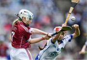 3 September 2017; Rebecca Hamill of Clontibret National School, Monaghan,  representing Galway, in action against Lily Hayes Nally of Ballintotas National School, Castlemarty, Co Cork, representing Waterford, during the INTO Cumann na mBunscol GAA Respect Exhibition Go Games at Galway v Waterford - GAA Hurling All-Ireland Senior Championship Final at Croke Park in Dublin. Photo by Sam Barnes/Sportsfile