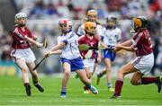 3 September 2017; Lily Hayes Nally of Ballintotas National School, Castlemarty, Co Cork, representing Waterford, in action against Rebecca Hamill of Clontibret National School, Monaghan, representing Galway, left, and Ella Heary of St Marnocks National School, Portmarnock, Dublin, representing Galway, during the INTO Cumann na mBunscol GAA Respect Exhibition Go Games at Galway v Waterford - GAA Hurling All-Ireland Senior Championship Final at Croke Park in Dublin. Photo by Sam Barnes/Sportsfile
