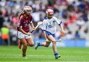 3 September 2017; Lily Hayes Nally of Ballintotas National School, Castlemarty, Co Cork, representing Waterford, in action against Sara Ní Chormaic of Gaelscoil na Búinne, Trim, Co Meath, representing Galway, during the INTO Cumann na mBunscol GAA Respect Exhibition Go Games at Galway v Waterford - GAA Hurling All-Ireland Senior Championship Final at Croke Park in Dublin. Photo by Sam Barnes/Sportsfile