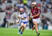3 September 2017; Lily Hayes Nally of Ballintotas National School, Castlemarty, Co Cork, representing Waterford, in action against Sara Ní Chormaic of Gaelscoil na Búinne, Trim, Co Meath, representing Galway, during the INTO Cumann na mBunscol GAA Respect Exhibition Go Games at Galway v Waterford - GAA Hurling All-Ireland Senior Championship Final at Croke Park in Dublin. Photo by Sam Barnes/Sportsfile