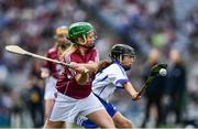 3 September 2017; Caitlin Johnston of St John the Baptist P.S., Belleek, Fermanagh,  representing Galway, in action against Emma Nesbitt of Scoil Chualann, Bray, Co Wicklow, representing Waterford, during the INTO Cumann na mBunscol GAA Respect Exhibition Go Games at Galway v Waterford - GAA Hurling All-Ireland Senior Championship Final at Croke Park in Dublin. Photo by Sam Barnes/Sportsfile