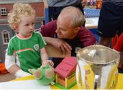 4 September 2017; Galway manager Micheál Donoghue with James Dillon, age 4, from Dundrum in Dublin,  during the All-Ireland Hurling Champions visit to Our Lady's Children's Hospital in Crumlin, Dublin. Photo by Piaras Ó Mídheach/Sportsfile