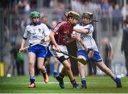 3 September 2017; Tommy McKeon of Kilskyre National School, Kells, Co Meath, representing Galway, in action against Steven McDonnell of St Patrick's PS, Loughgall Rd, Co Armagh, representing Waterford, during the INTO Cumann na mBunscol GAA Respect Exhibition Go Games at Galway v Waterford - GAA Hurling All-Ireland Senior Championship Final at Croke Park in Dublin. Photo by Seb Daly/Sportsfile